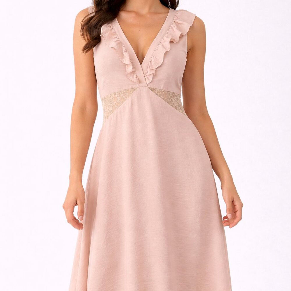 Avec Les Filles Blush Pink Sleeveless Midi Dress Lace Cutout Ruffle V Neck NWT S